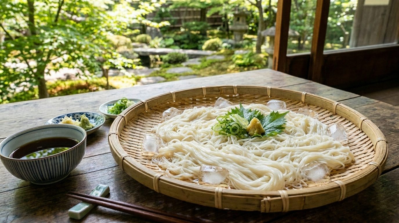 ざるに盛られた半田そうめんと日本庭園